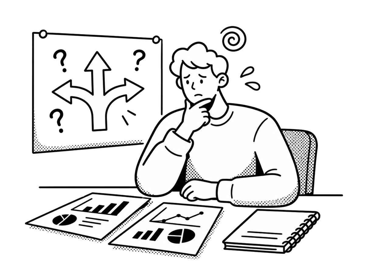 分かれ道の矢印を前に、資料を見ながら悩んでいる担当者